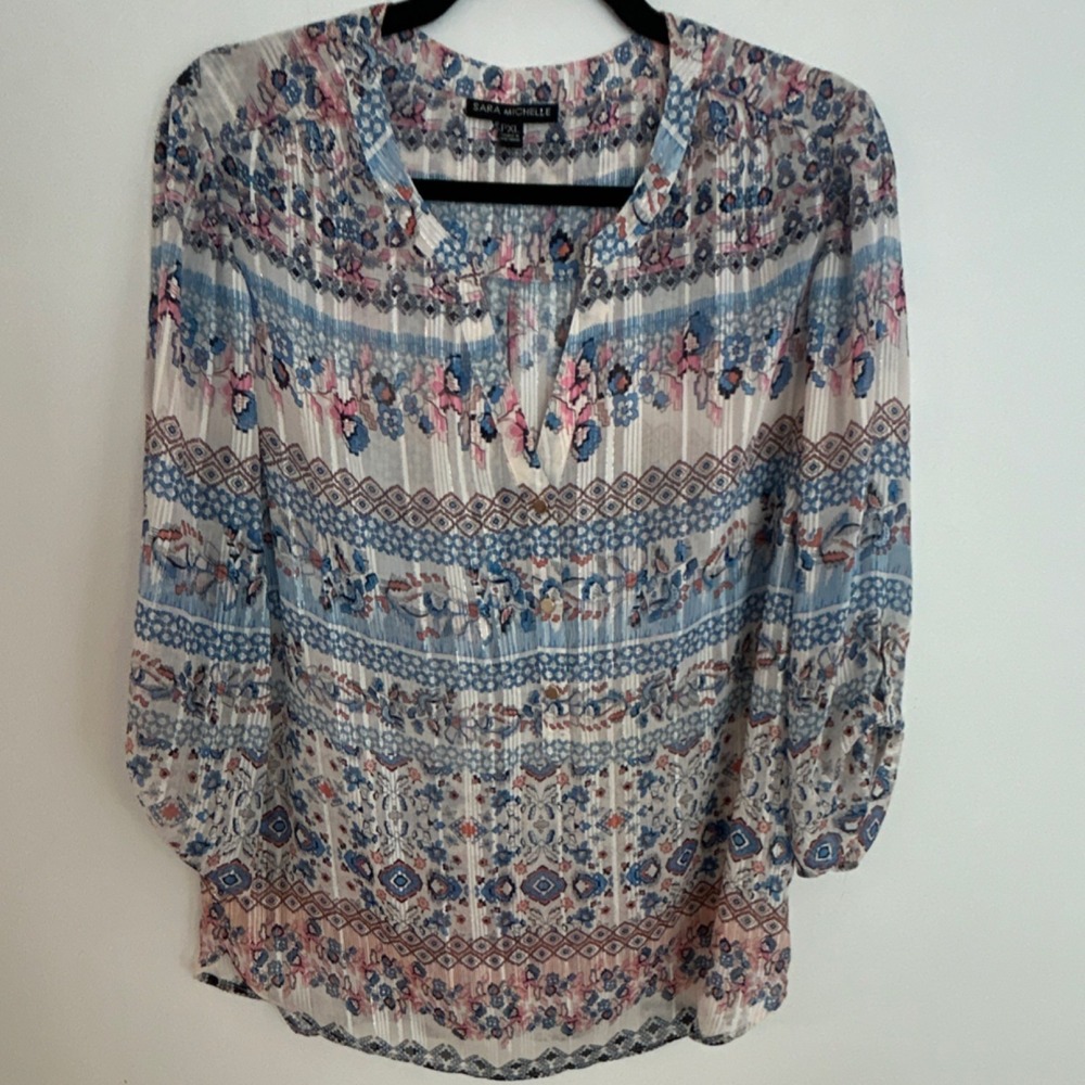 Sara Michelle Blue Pink White Floral Blouse PXL 3/4 Roll Tab Sleeve Polyester